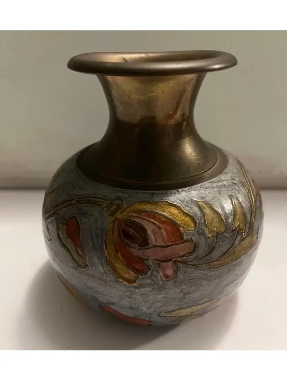 Vtg brass and enamel floral vase made in India
